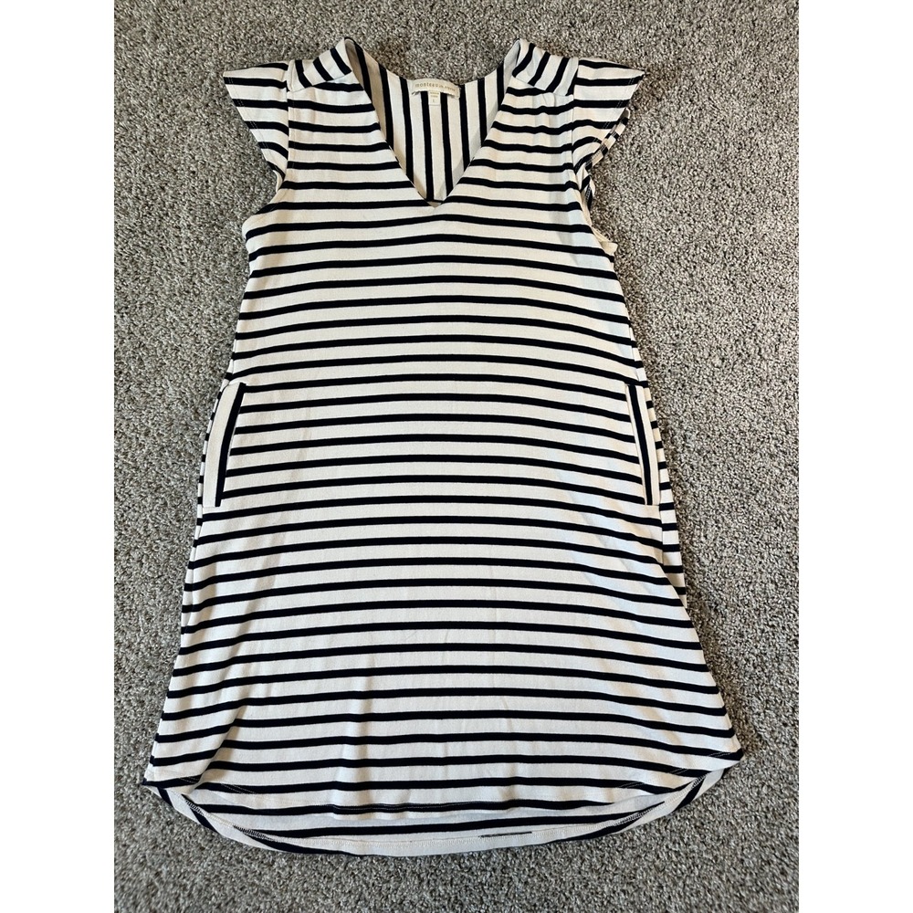 Monteau Los Angeles Striped  Mini Dress Sz L Cream Black Cotton Stretch Pockets‎